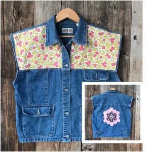 Reworked VTG Quilt Patched and Sashiko Embroidered 90s Denim Vest, Medium